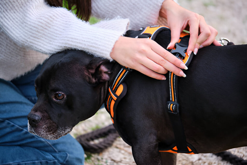 how to put on a dog harness