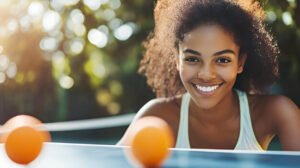 black afro woman smiling happily ping pong